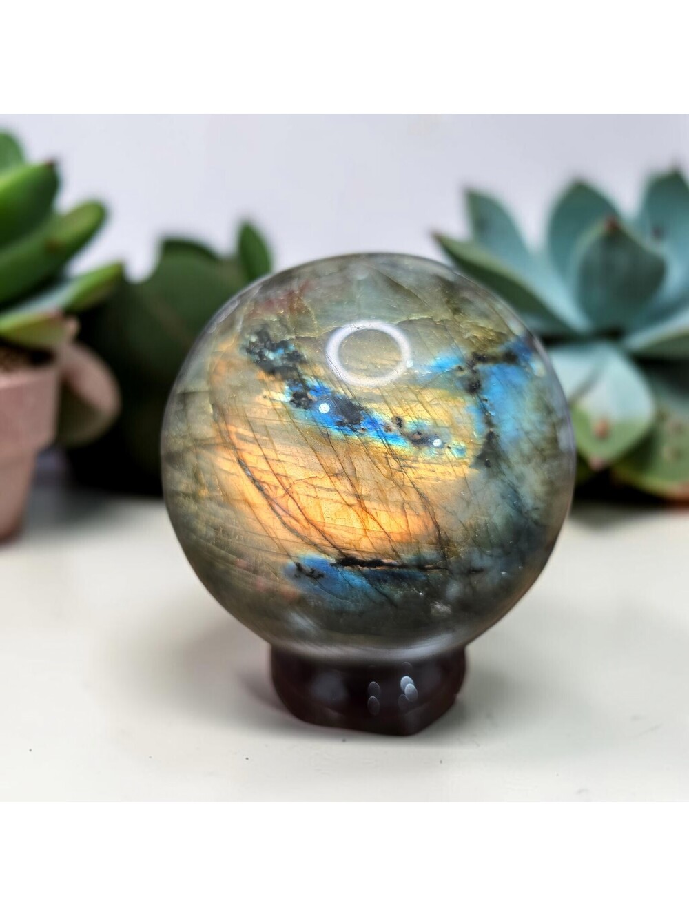 A250. High-Quality Orange Flash Labradorite 68mm Natural Crystal Sphere Orb